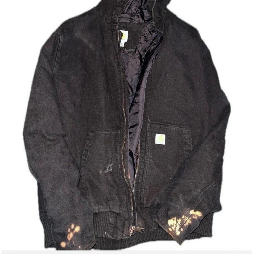 Carhartt Full Zip Hooded Work Jacket - Mens Size Large L - Black - Distressed